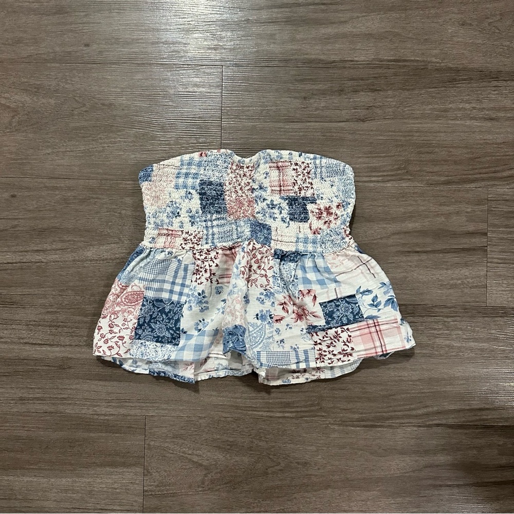 American Eagle Collage Floral Checkered Sweetheart Tube Top Babydoll Crop Top